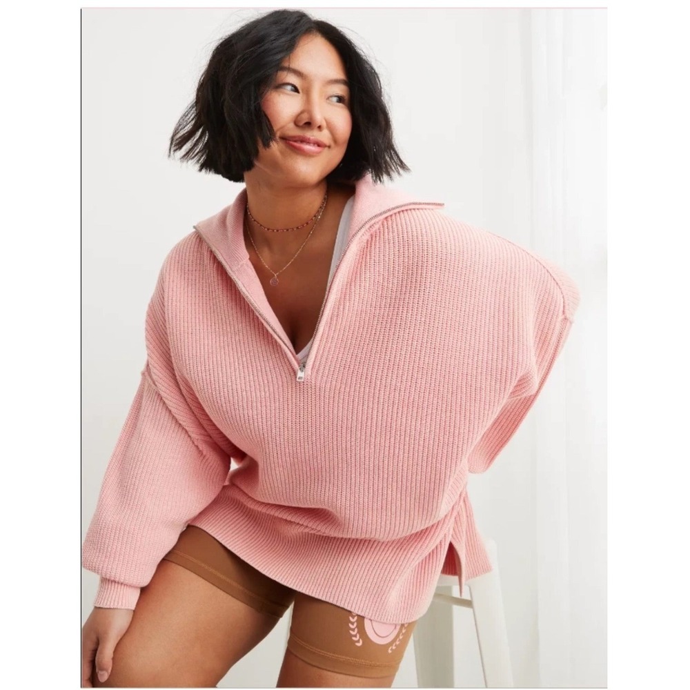 Aerie Beyond Quarter Zip Sweater‎ Women XS Pink Cotton Shaker Knit Pullover